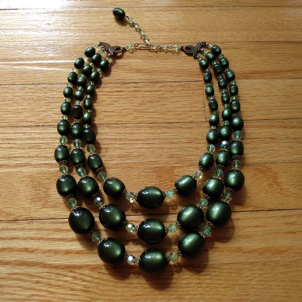 Vintage 60s Green Beaded Necklace Triple Strand Aurora Borealis Collar Choker